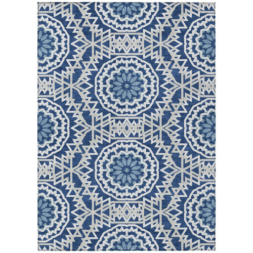 10′ X 14′ Navy Blue Ivory And Gray Floral Medallion Washable Indoor Outdoor Area Rug — view 2