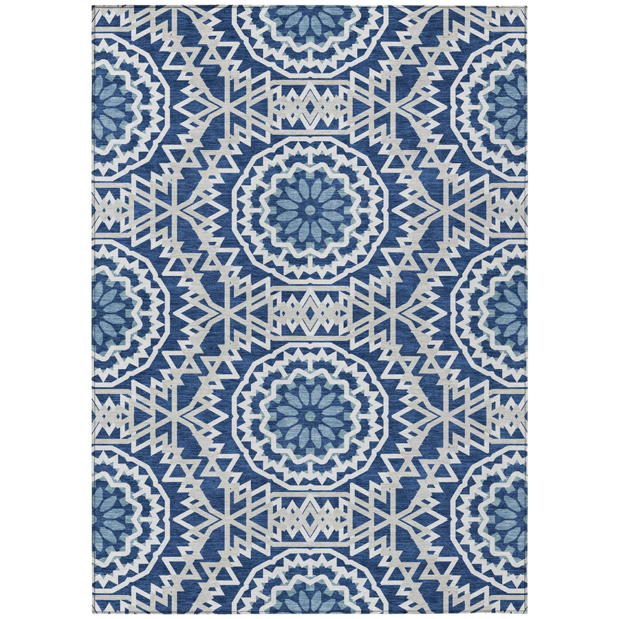 10′ X 14′ Navy Blue Ivory And Gray Floral Medallion Washable Indoor Outdoor Area Rug — view 2