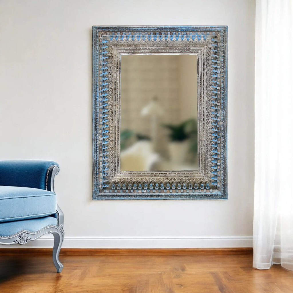 50″ Blue and Silver Solid Wood Framed Accent Mirror