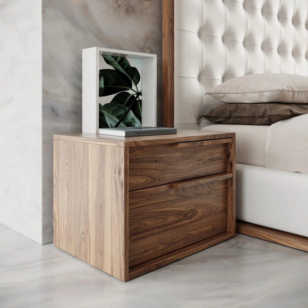 Modern Light Brown Walnut Nightstand with Two drawers — view 3
