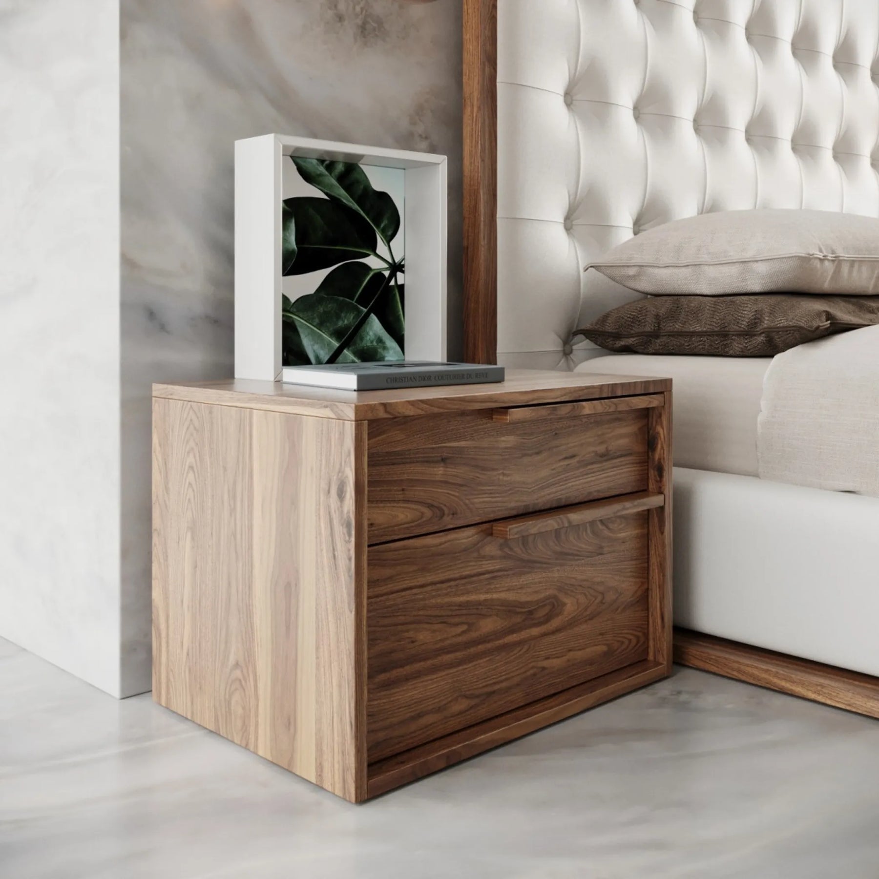 Modern Light Brown Walnut Nightstand with Two drawers — view 3