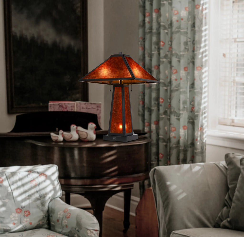 24″ Burnt Orange Metal Two Light Table Lamp With Amber Square Shade — view 3