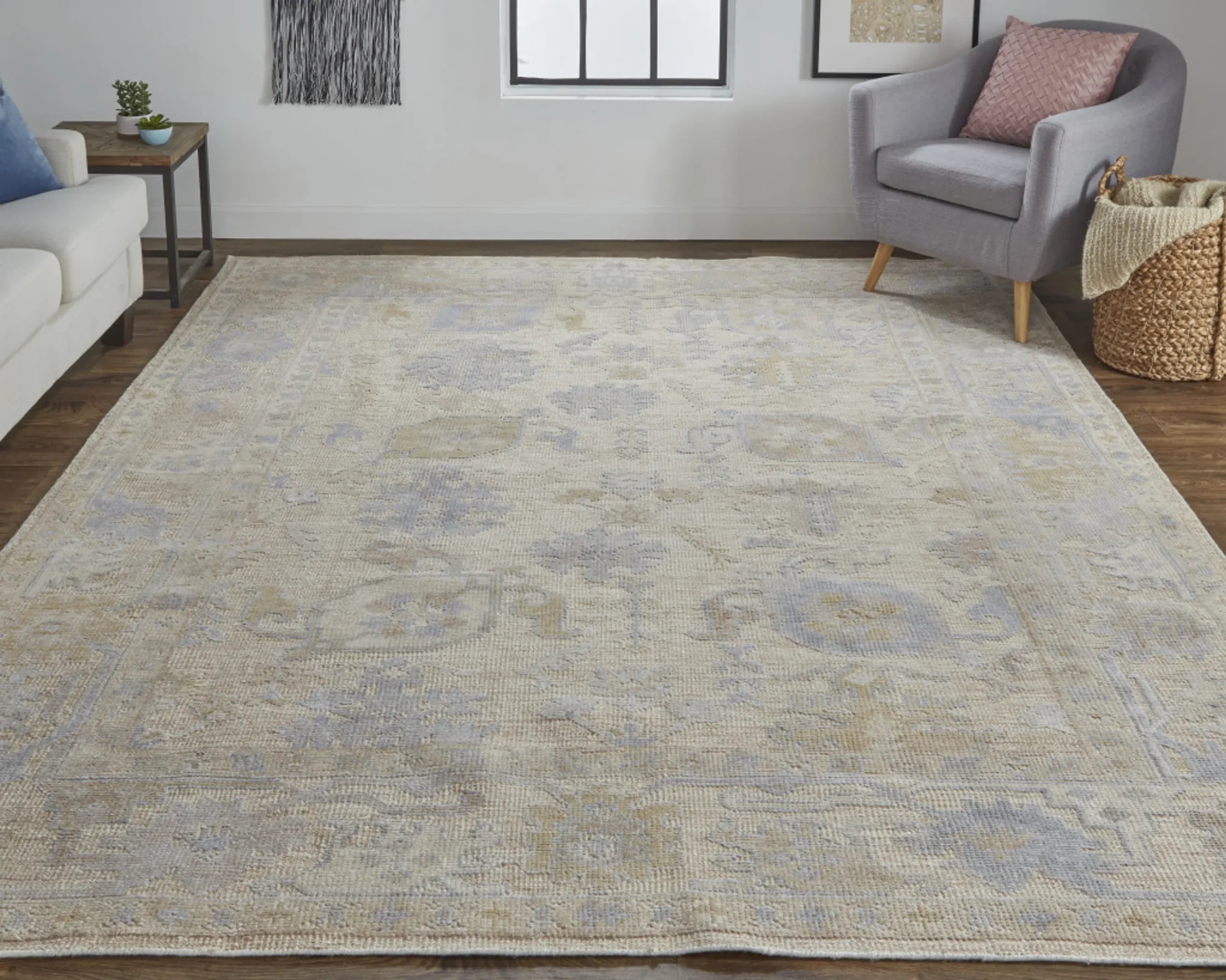 5′ X 8′ Tan Orange And Blue Floral Hand Knotted Stain Resistant Area Rug — view 3