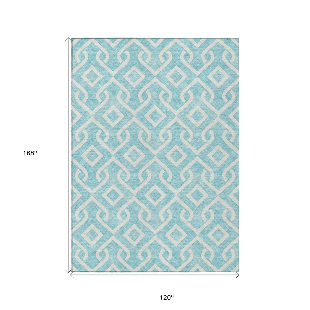 10′ X 14′ Aqua And Ivory Geometric Washable Indoor Outdoor Area Rug — view 3