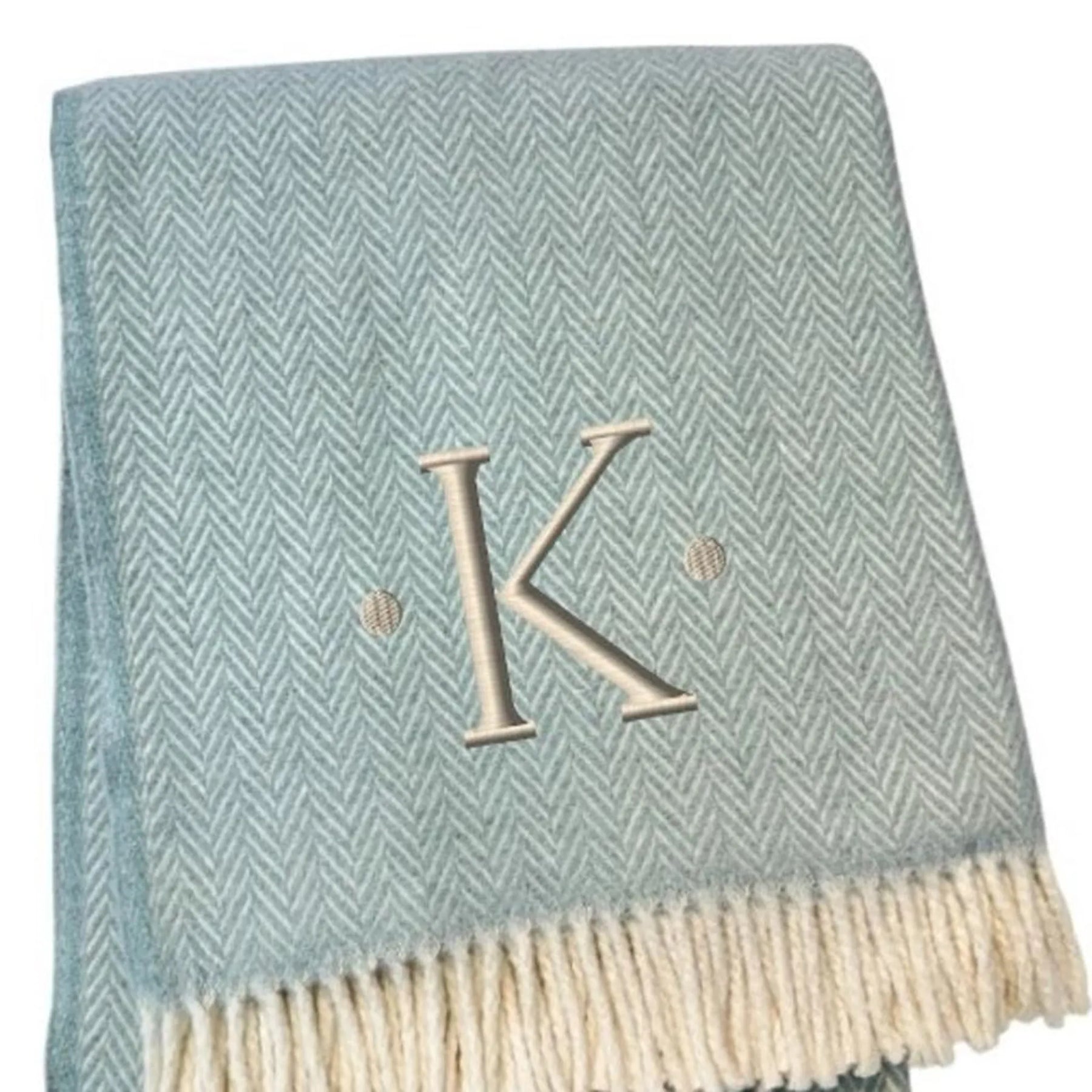 Herringbone Cotton Blend K Initial Throw Blanket with Tassels And Embroidery — view 4