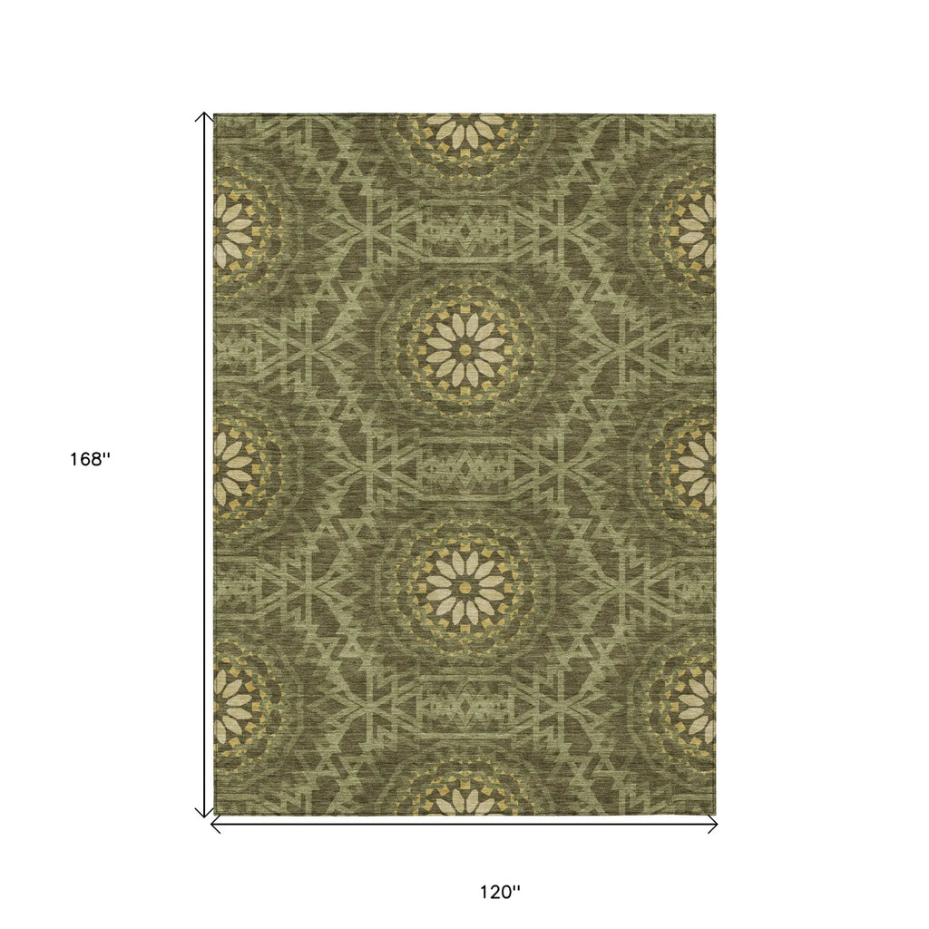 10′ X 14′ Olive Green Artichoke Green And Gold Floral Medallion Washable Indoor Outdoor Area Rug — view 3
