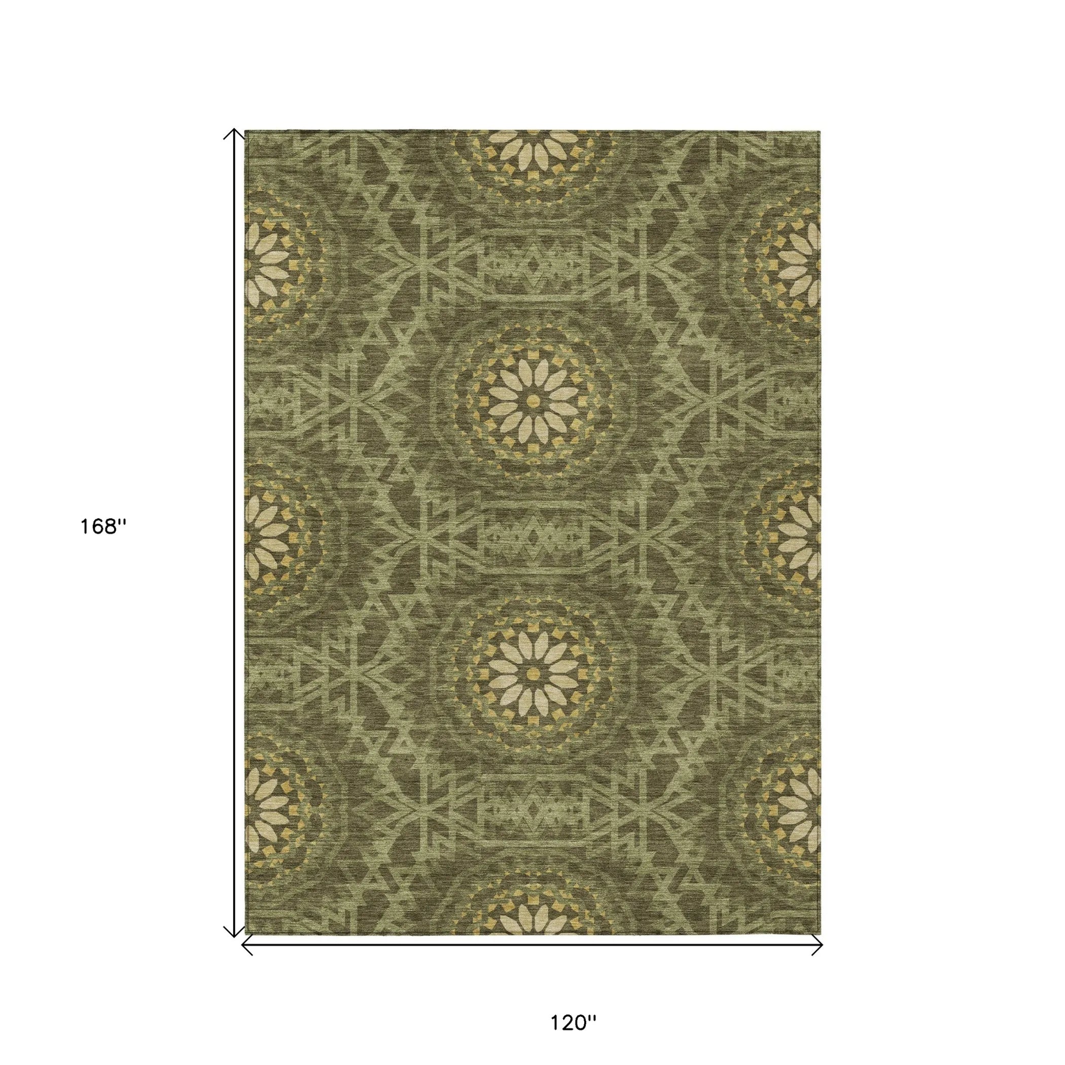 10′ X 14′ Olive Green Artichoke Green And Gold Floral Medallion Washable Indoor Outdoor Area Rug — view 3