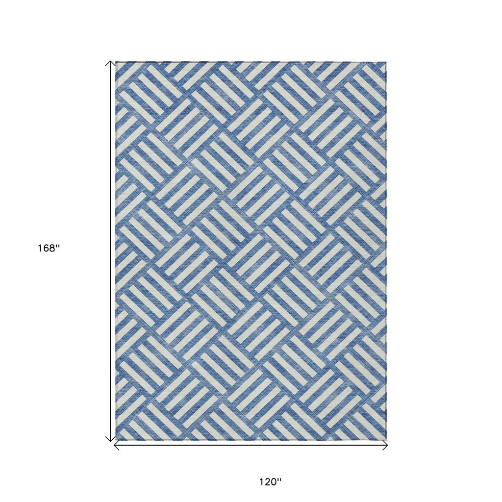 10′ X 14′ Blue And Ivory Geometric Washable Indoor Outdoor Area Rug — view 3