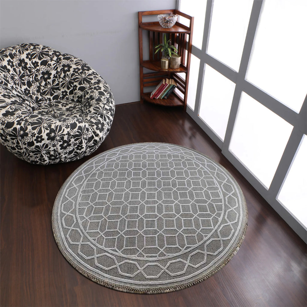 Rugsotic Carpets Hand Knotted Sumak Silk And Wool Round Area Rug Geometric