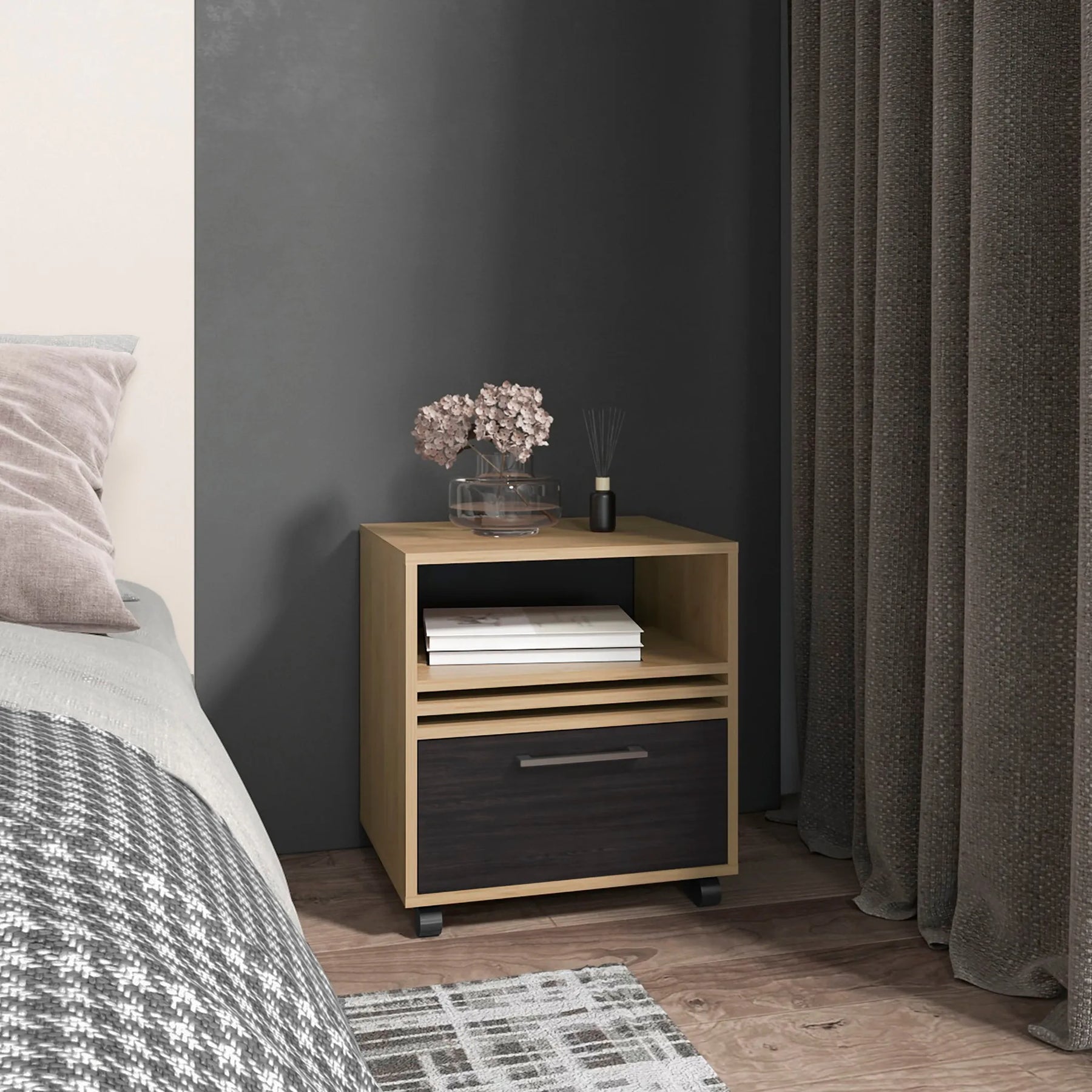 Vance 20″ High One Drawer Nightstand, Casters, Mobile, One Shelf, Bedroom Natural Oak
