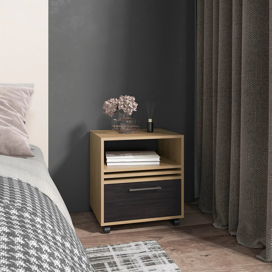 Vance 20″ High One Drawer Nightstand, Casters, Mobile, One Shelf, Bedroom Natural Oak