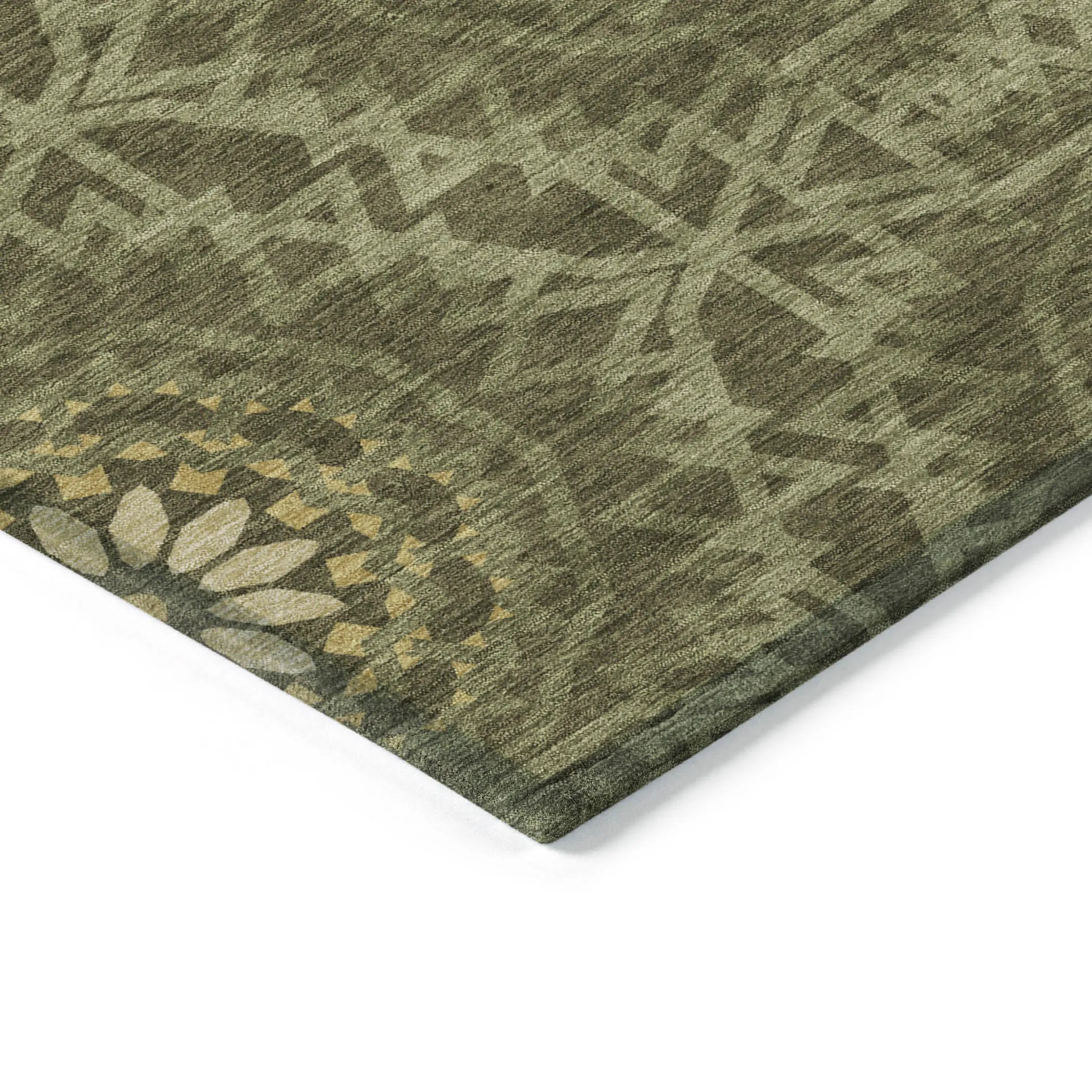 10′ X 14′ Olive Green Artichoke Green And Gold Floral Medallion Washable Indoor Outdoor Area Rug — view 4