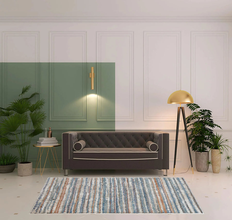 5′ X 8′ Ivory Blue And Orange Striped Power Loom Stain Resistant Area Rug — view 2