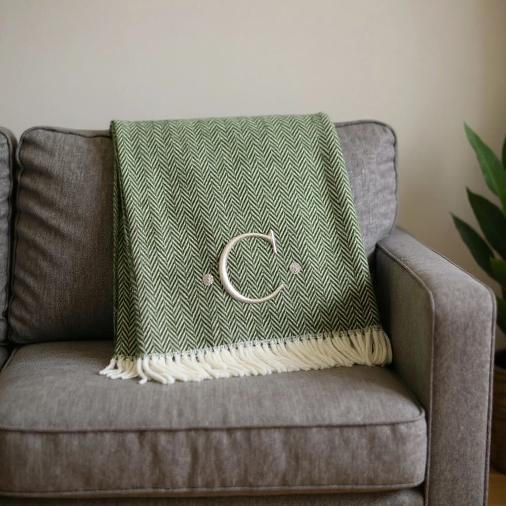 Herringbone Cotton Blend C Initial Throw Blanket with Tassels And Embroidery — view 2