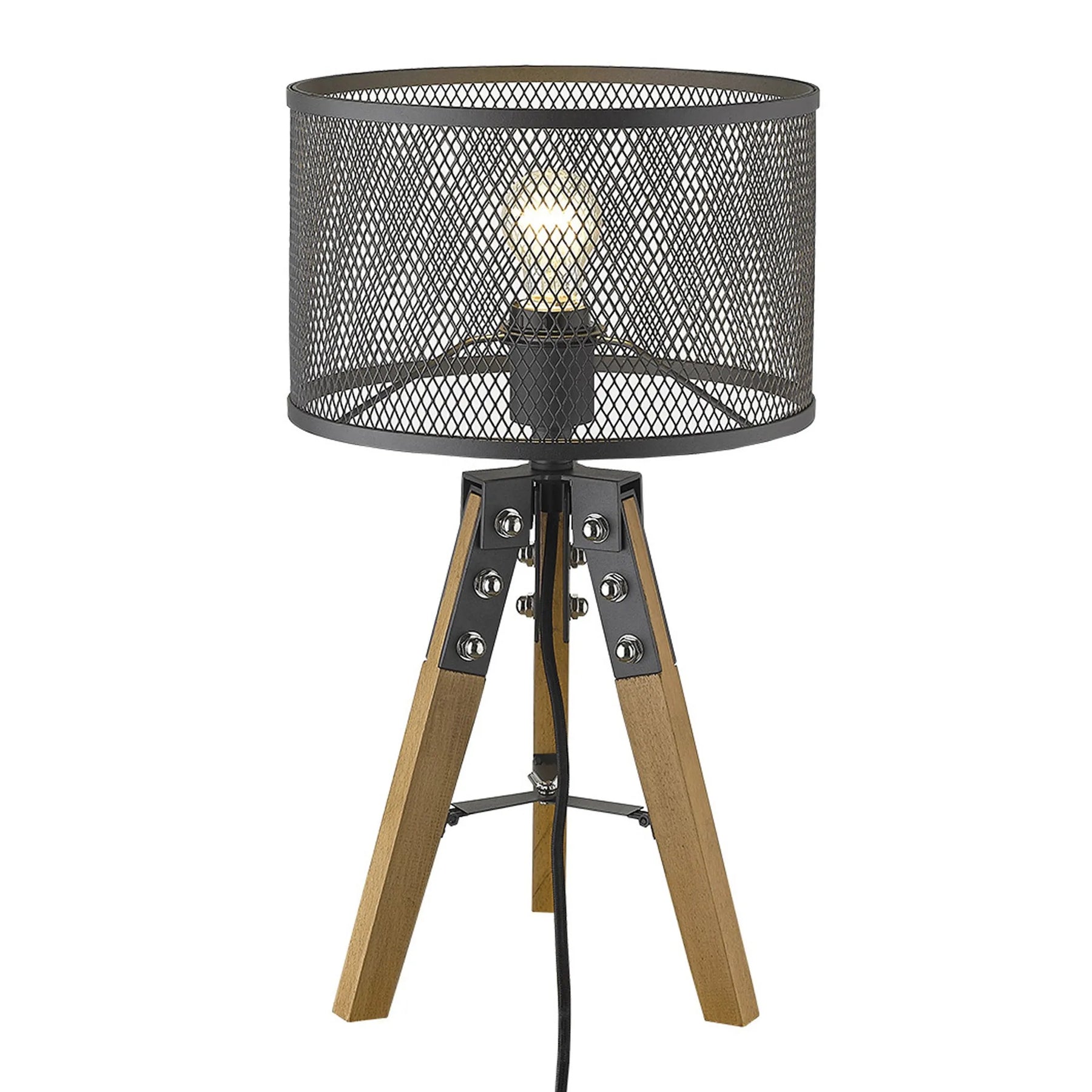 20″ Brown Solid Wood Tripod Table Lamp With Black Drum Shade — view 4