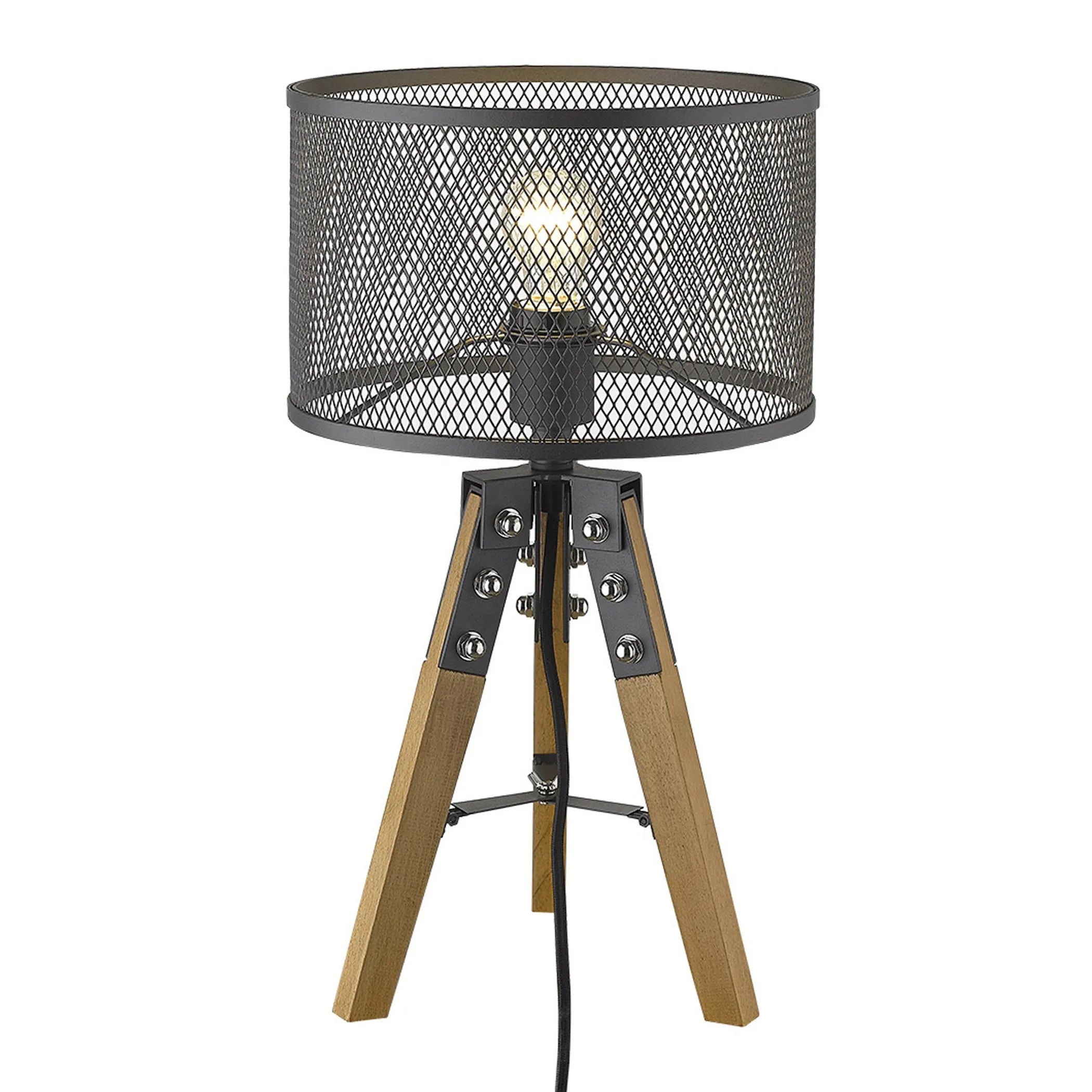 20″ Brown Solid Wood Tripod Table Lamp With Black Drum Shade — view 4