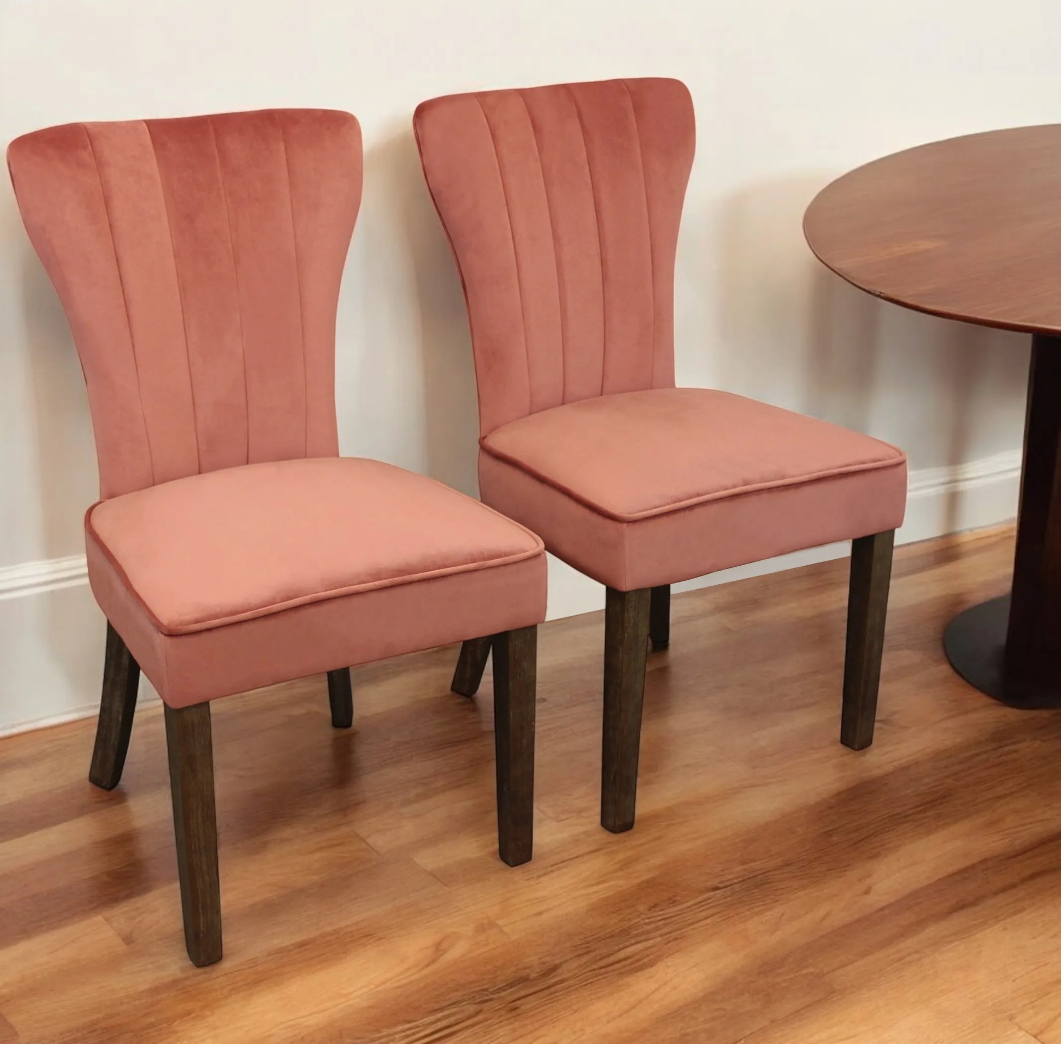 Set of Two Blush And Brown Upholstered Velvet Dining Parsons Chairs
