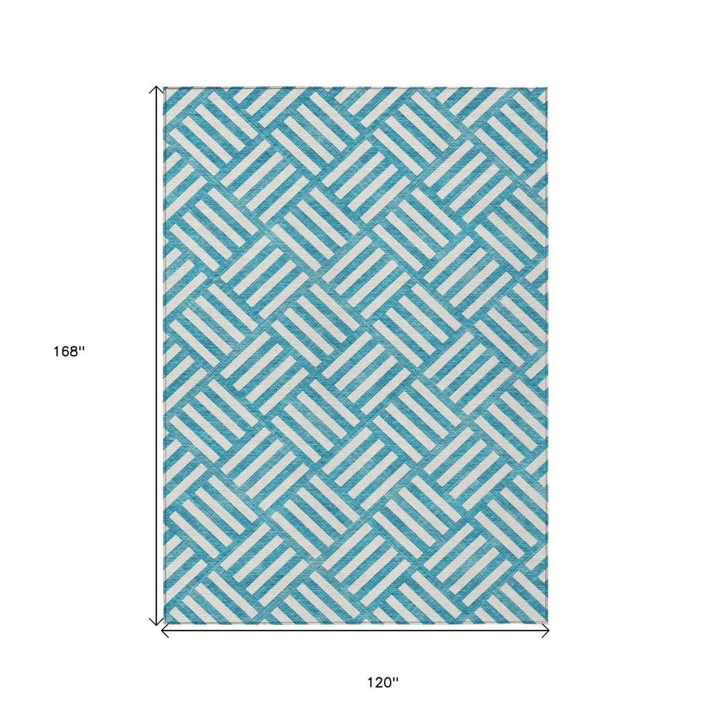 10′ X 14′ Teal Blue And Ivory Geometric Washable Indoor Outdoor Area Rug — view 3