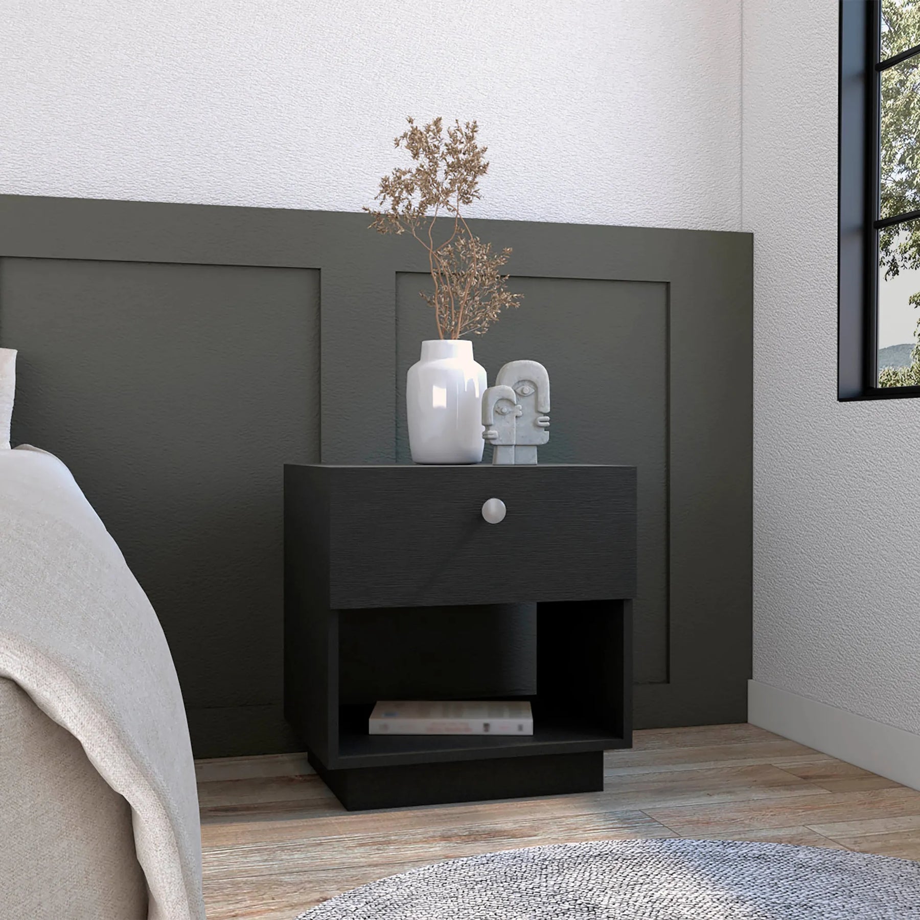 20″ Black One Drawer Faux Wood Nightstand — view 4