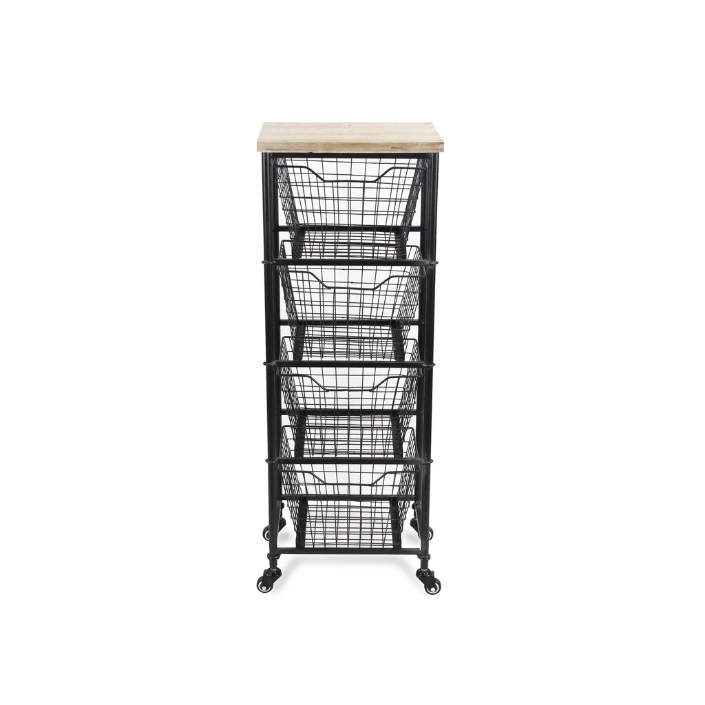 41″ Black And Natural Metal And Wood Basket Storage Rolling Cabinet — view 4