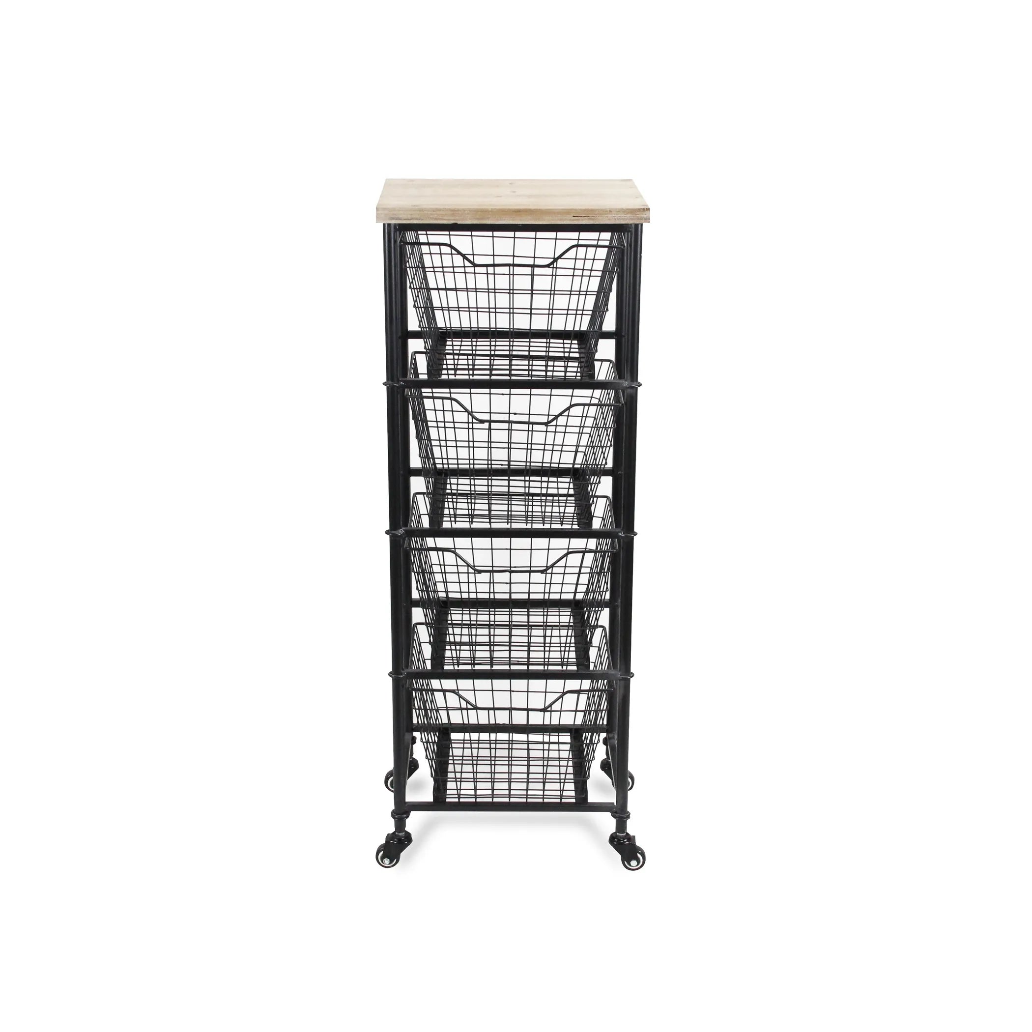 41″ Black And Natural Metal And Wood Basket Storage Rolling Cabinet — view 4