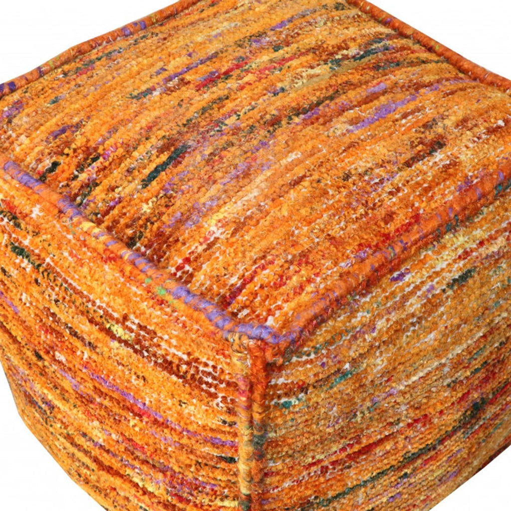 18″ Orange Recycled Silk and Cotton Blend Cube Pouf Ottoman — view 3