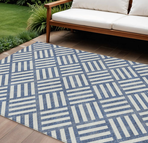 10′ X 14′ Navy Blue And Ivory Geometric Washable Indoor Outdoor Area Rug