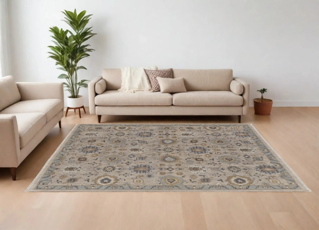 8′ X 10′ Tan Brown and Gray Wool Oriental Hand Knotted Area Rug With Fringe
