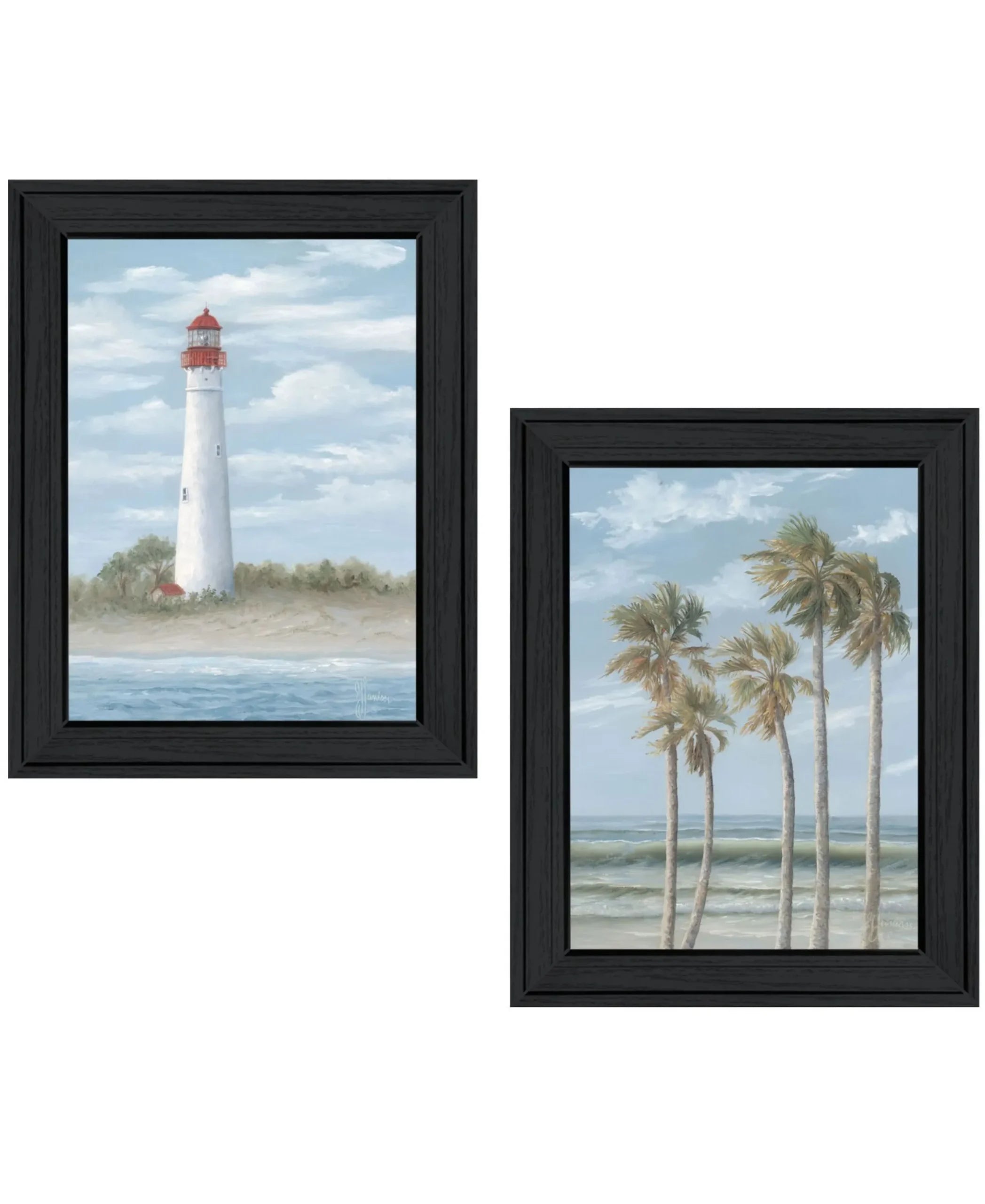 Set Of Two Cape May Lighthouse And Palm Trees Black Framed Wall Art — view 2
