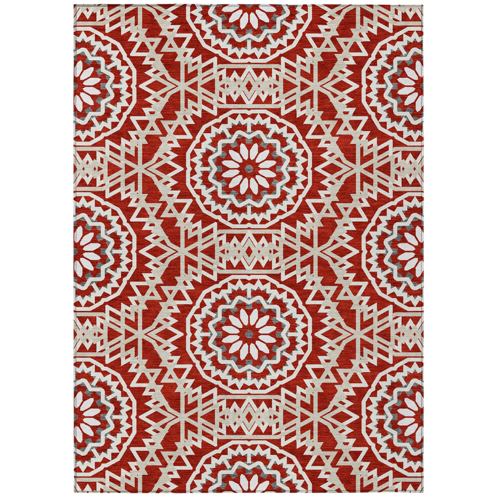 10′ X 14′ Red Beige And Ivory Floral Medallion Washable Indoor Outdoor Area Rug — view 2