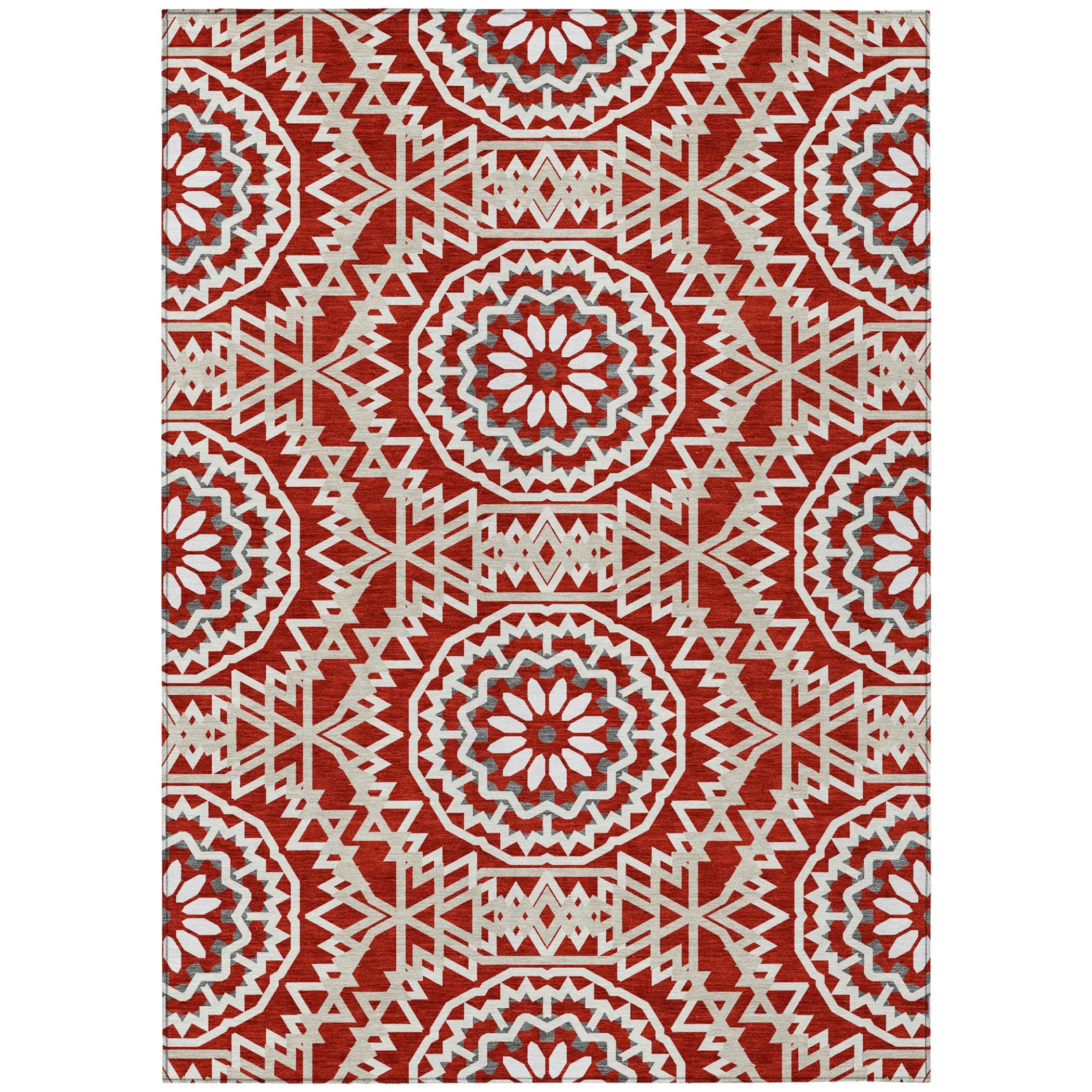 10′ X 14′ Red Beige And Ivory Floral Medallion Washable Indoor Outdoor Area Rug — view 2