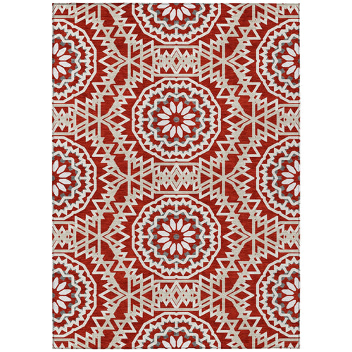 10′ X 14′ Red Beige And Ivory Floral Medallion Washable Indoor Outdoor Area Rug — view 2