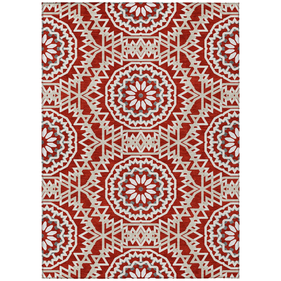 10′ X 14′ Red Beige And Ivory Floral Medallion Washable Indoor Outdoor Area Rug — view 2