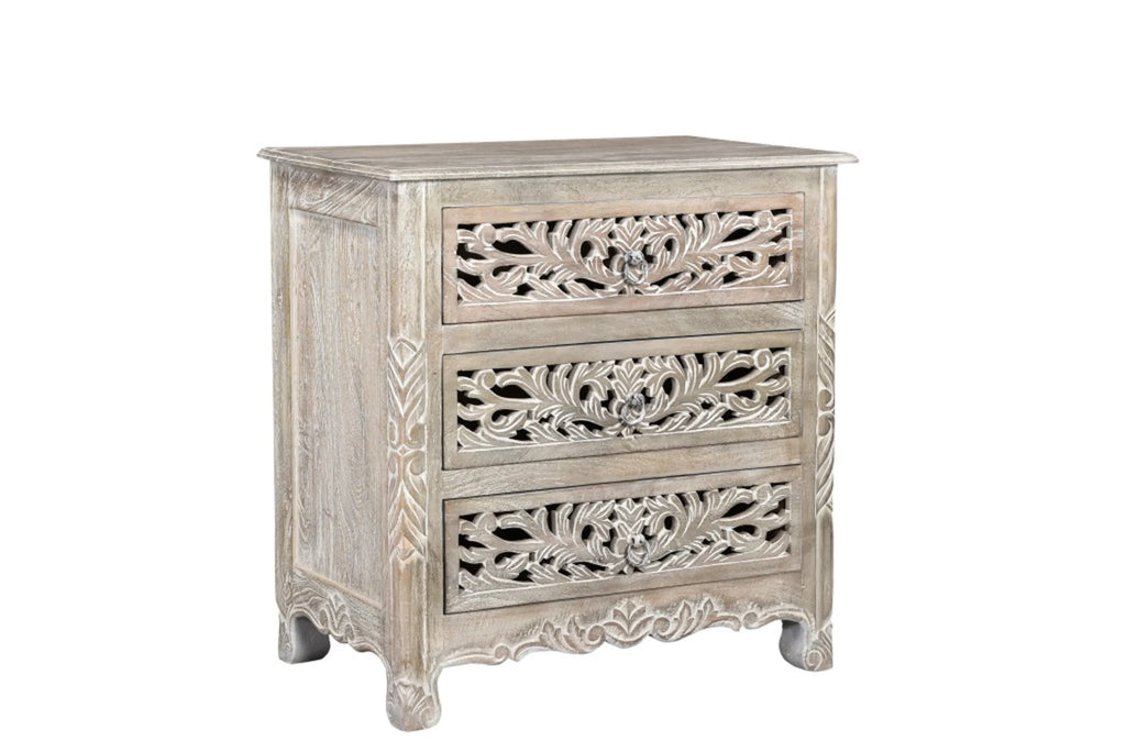 30″ Distressed Gray Three Drawer Floral Carved Solid Wood Nightstand