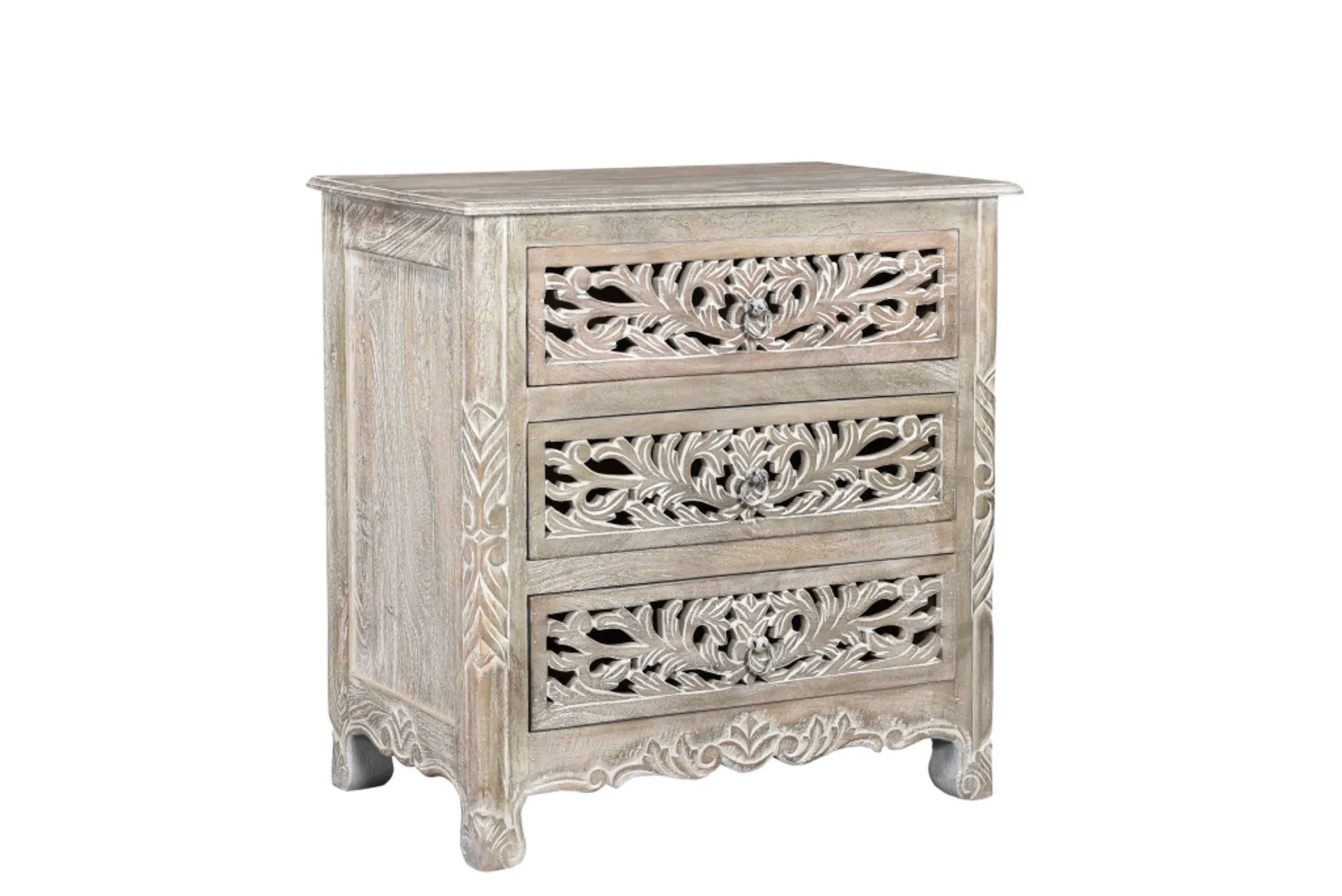 30″ Distressed Gray Three Drawer Floral Carved Solid Wood Nightstand