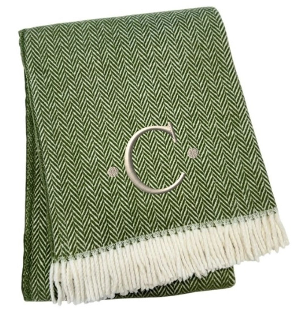 Herringbone Cotton Blend C Initial Throw Blanket with Tassels And Embroidery — view 3