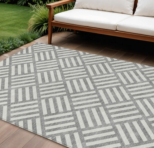 10′ X 14′ Gray And Ivory Geometric Washable Indoor Outdoor Area Rug