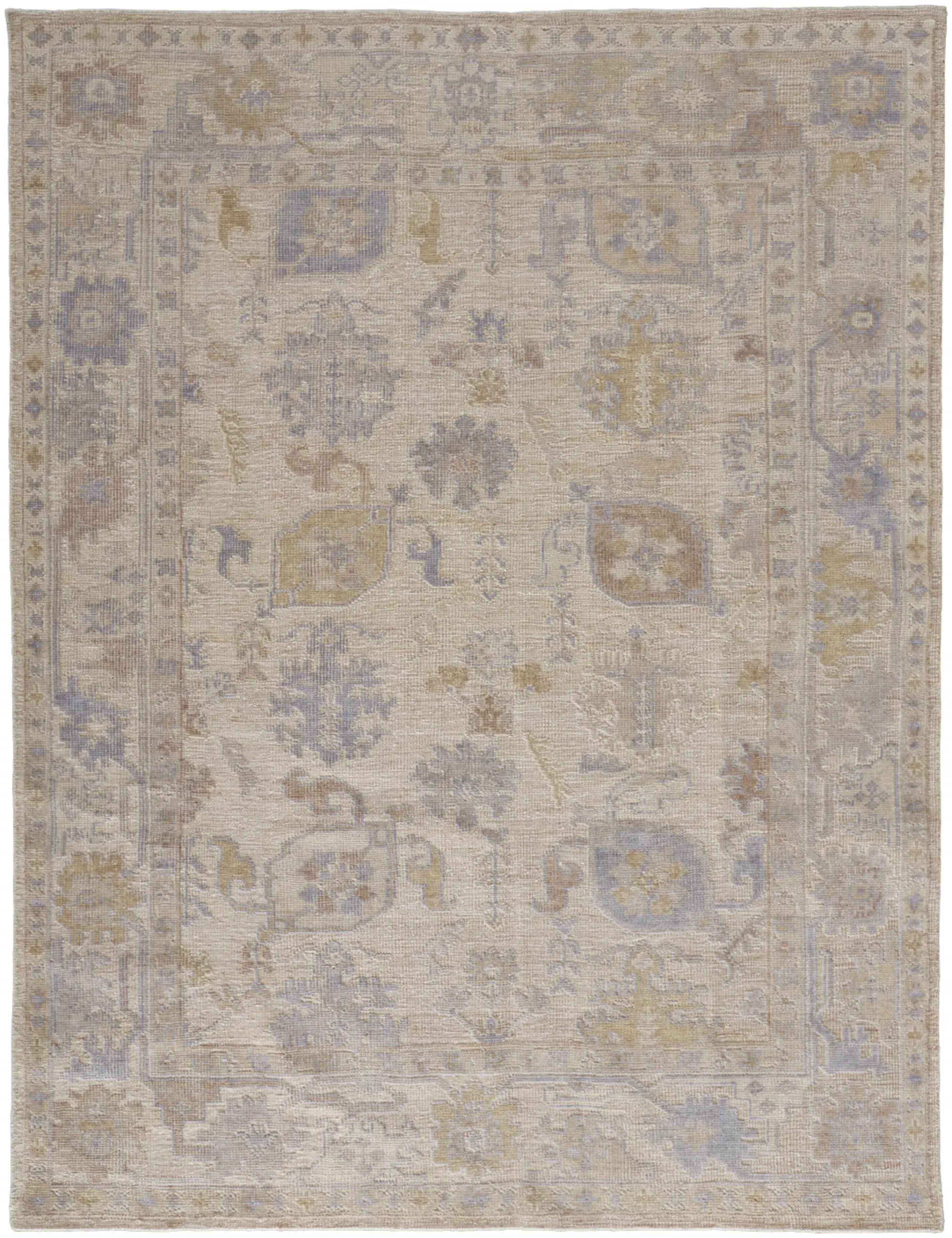 4′ X 6′ Tan Orange And Blue Floral Hand Knotted Stain Resistant Area Rug