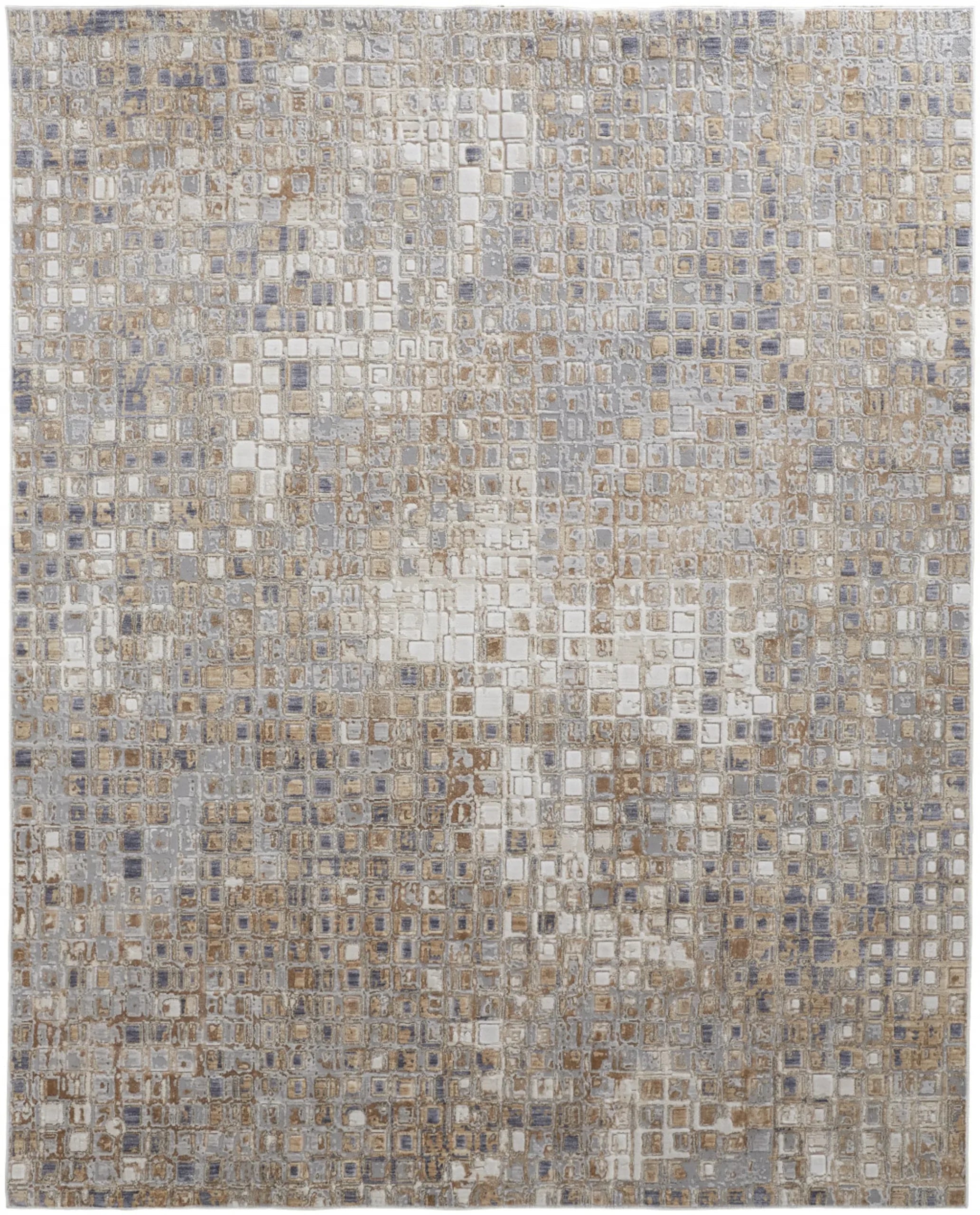 5′ X 8′ Tan Ivory And Blue Geometric Power Loom Distressed Area Rug