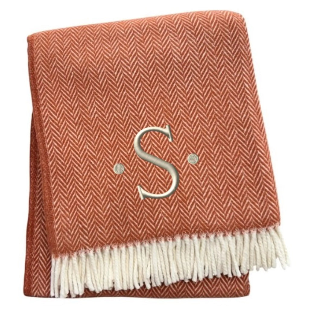 Herringbone Cotton Blend S Initial Throw Blanket with Tassels And Embroidery — view 4