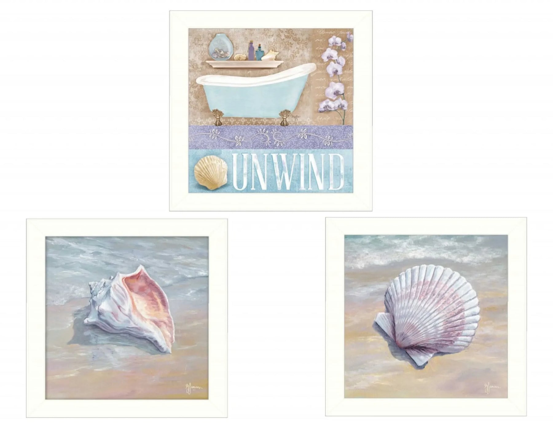Set Of Three Shells II White Framed Print Bathroom Wall Art — view 2