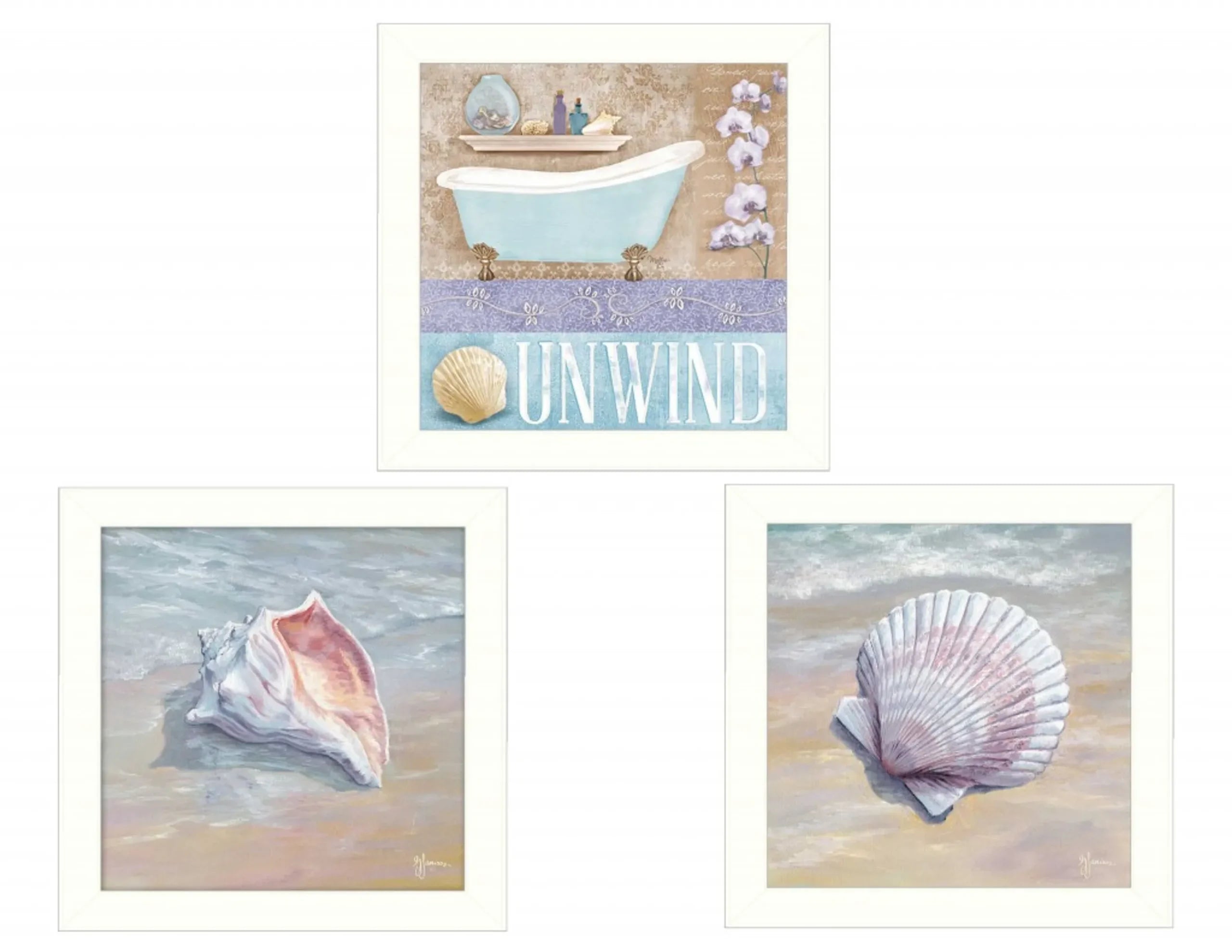 Set Of Three Shells II White Framed Print Bathroom Wall Art — view 2