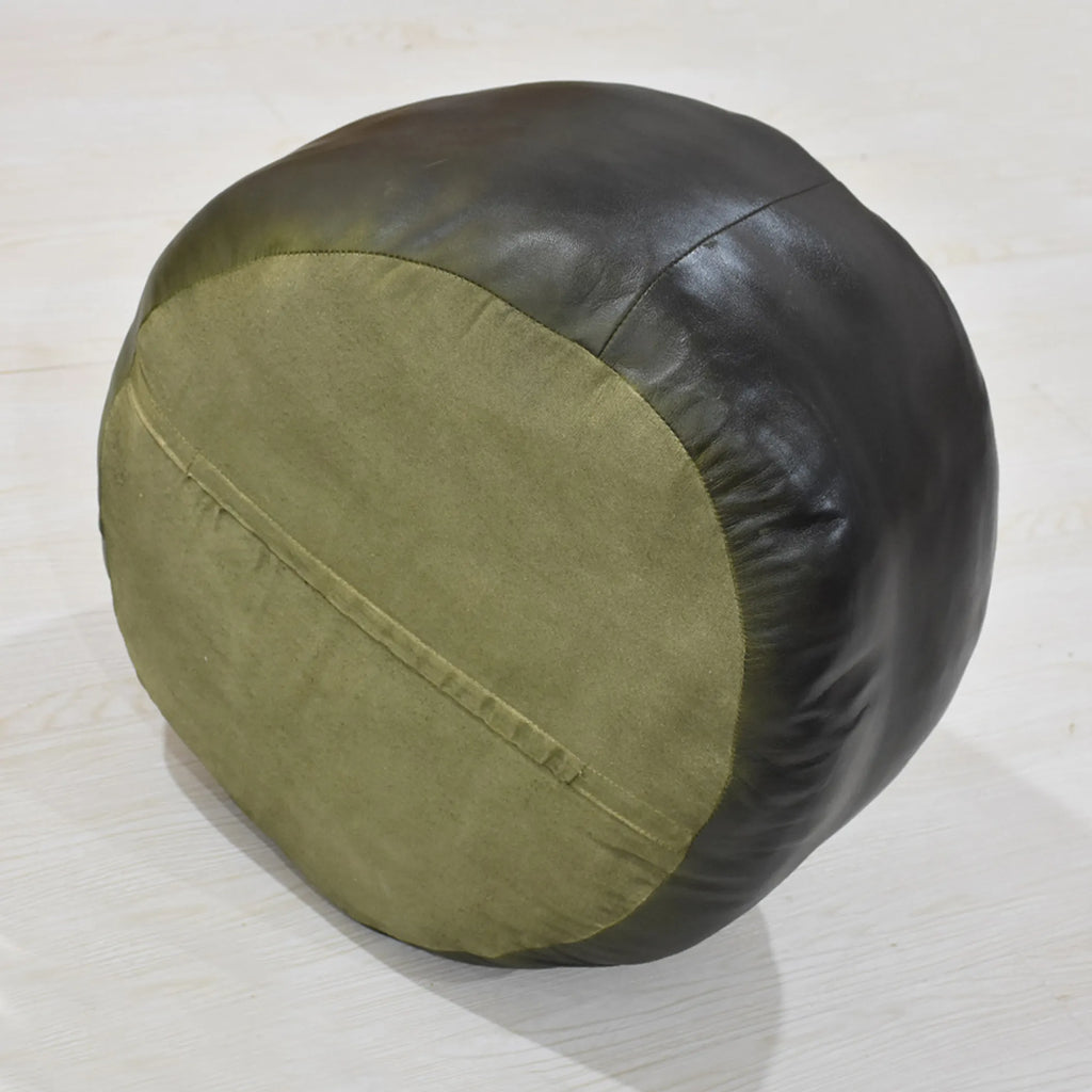 Solid Handmade Goat Leather Round Pouf (Recycled Cotton Fill) — view 4