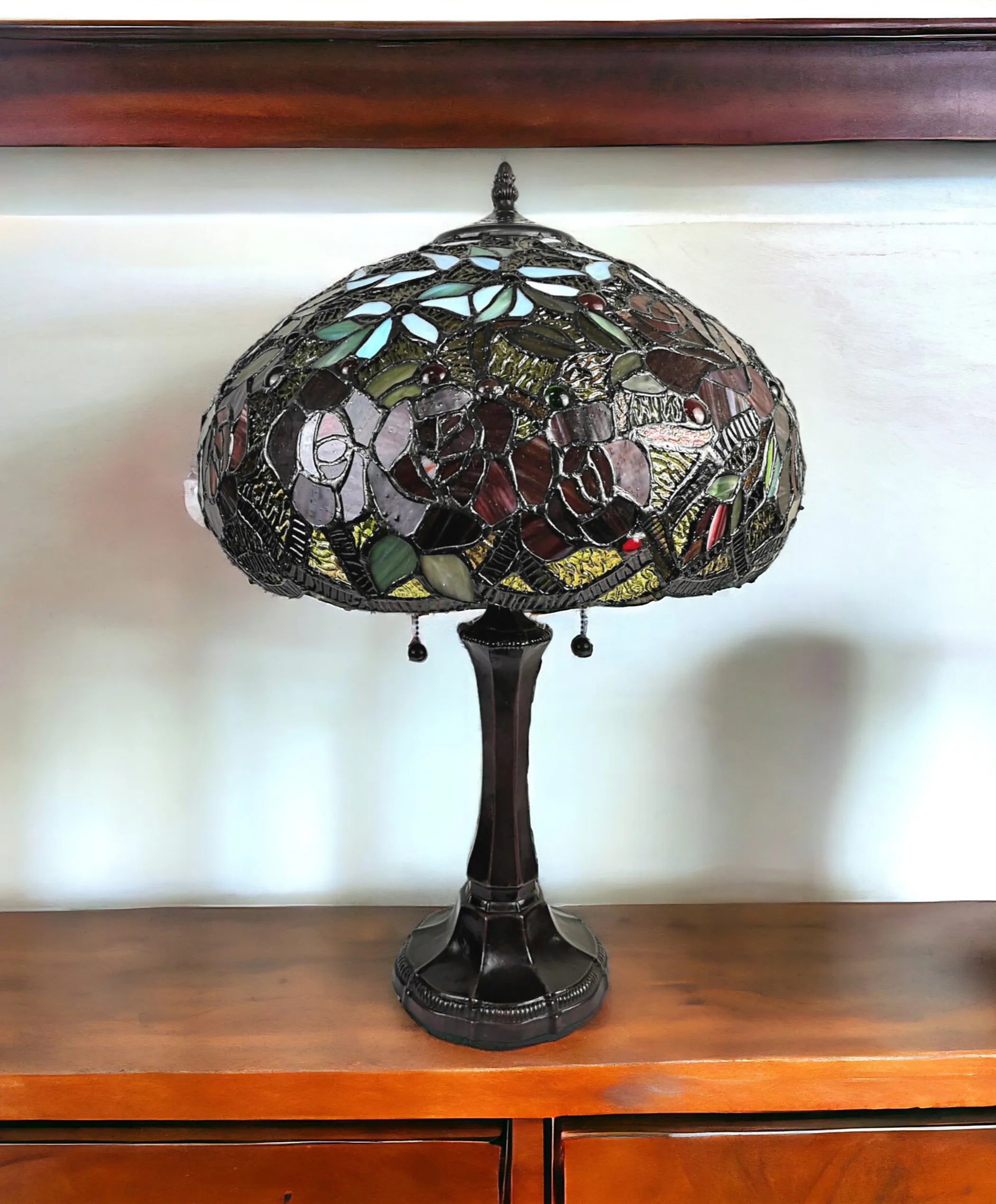 24″ Dark Brown Metal Two Light Candlestick Table Lamp With Red Dome Shade