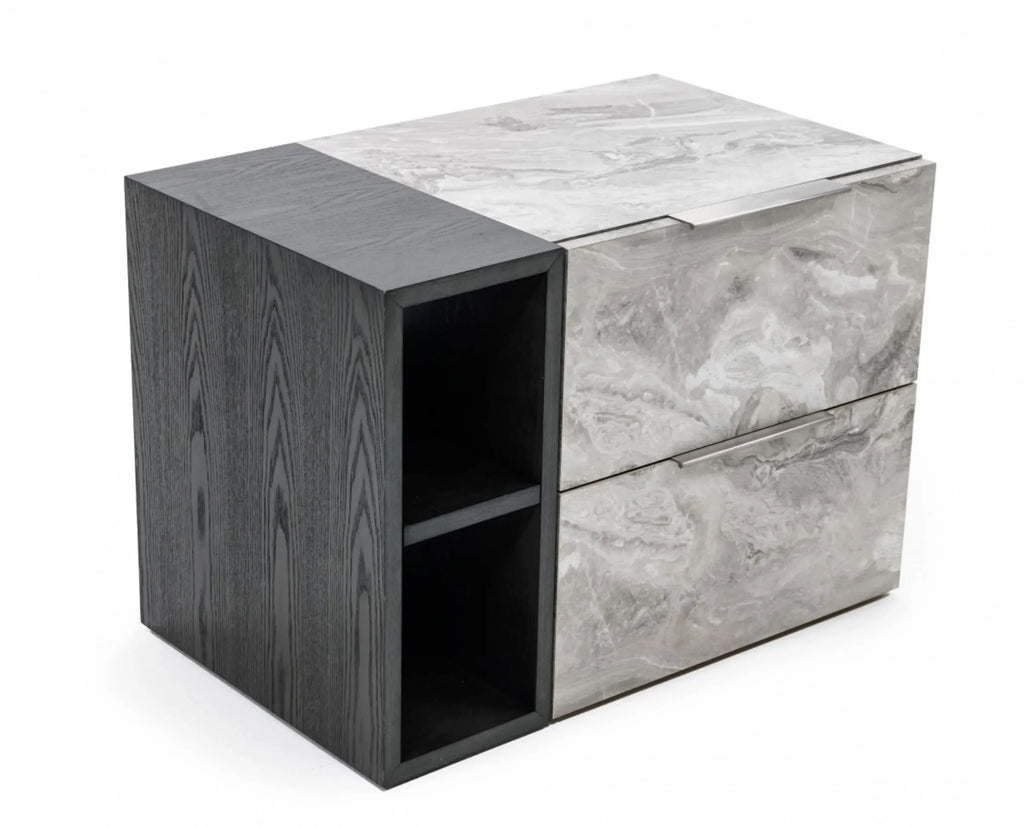 Contempo Gray Faux Marble and Gray Two Drawer Nightstand — view 2