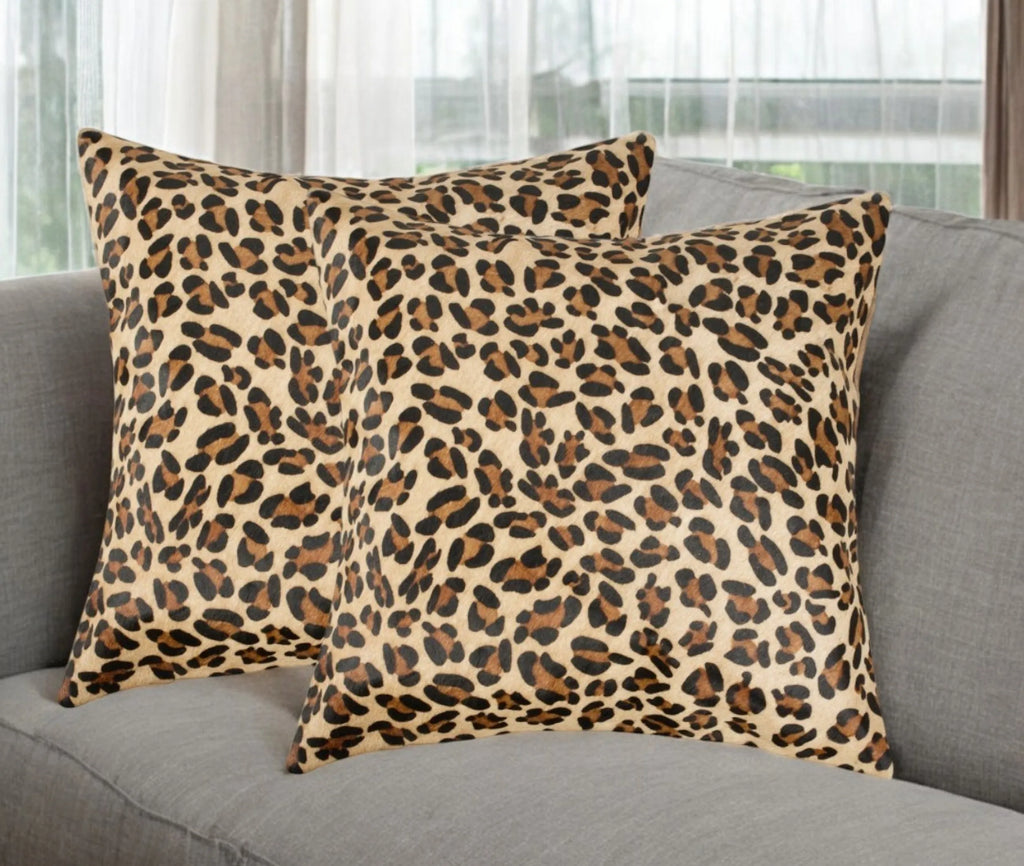 Set of Two 18″ Brown and Black Leopard Cowhide Throw Pillows