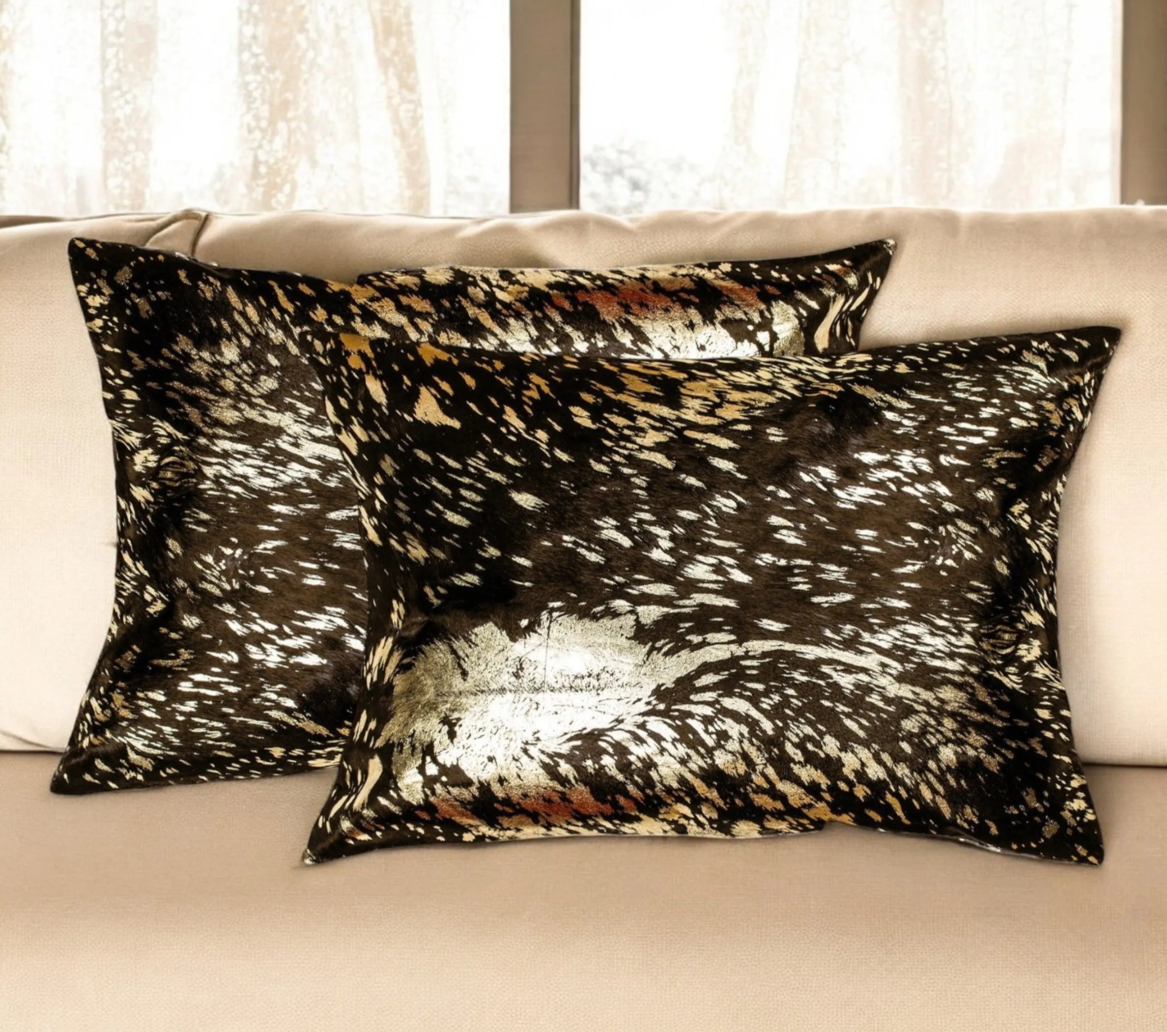 Set of Two 12″ X 20″ Chocolate and Gold Abstract Cowhide Lumbar Throw Pillows with Glitter — view 2
