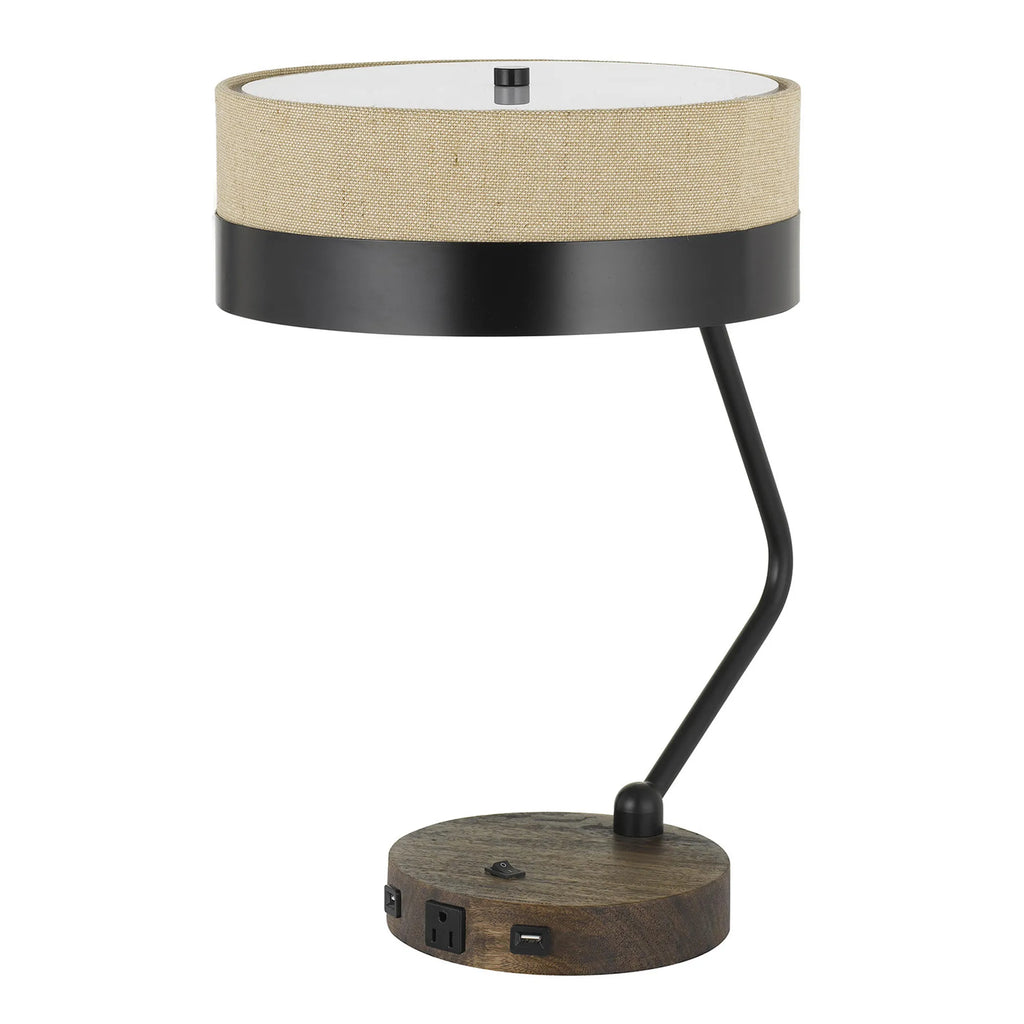 20″ Black Metal Two Light Desk Usb Table Lamp With Beige Drum Shade