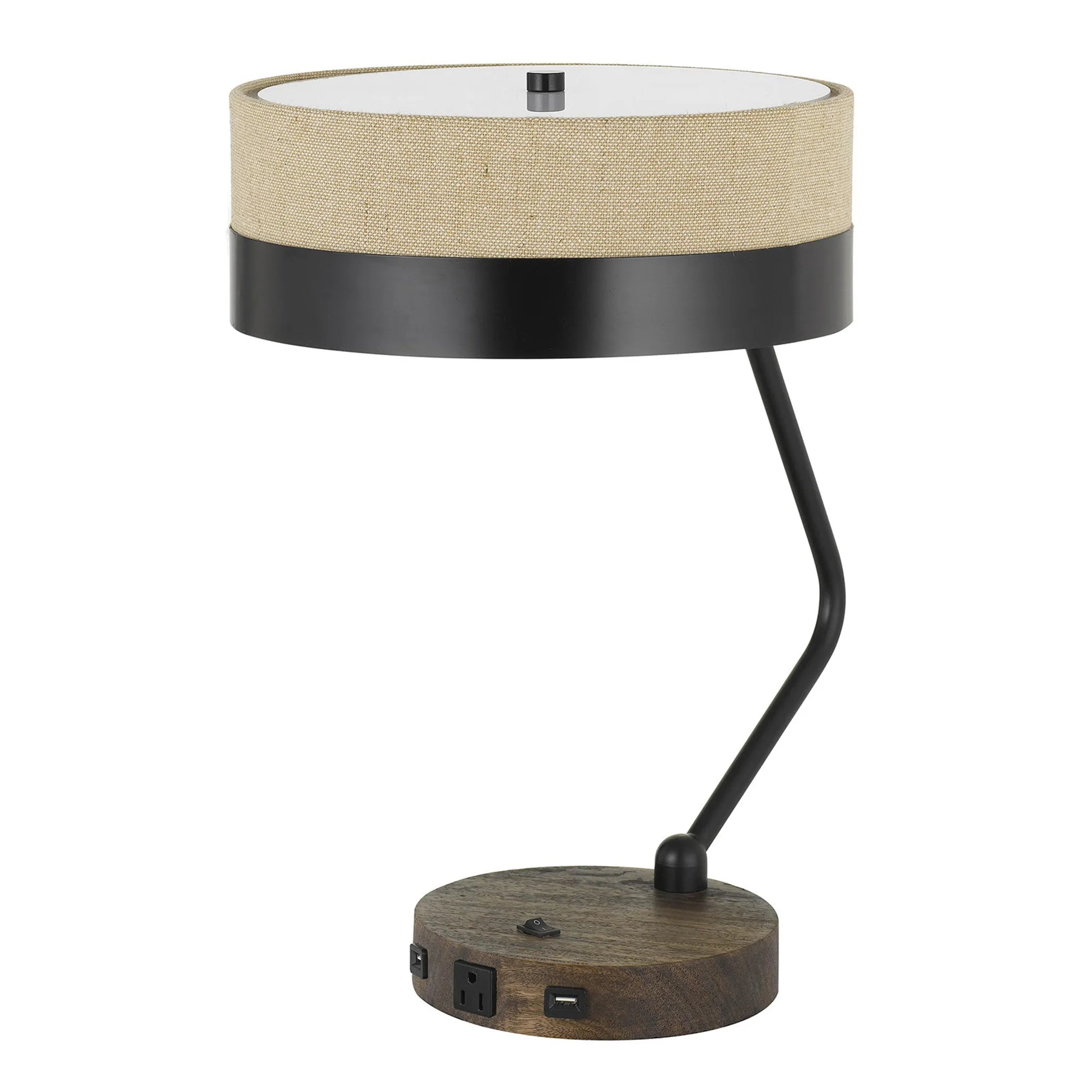 20″ Black Metal Two Light Desk Usb Table Lamp With Beige Drum Shade