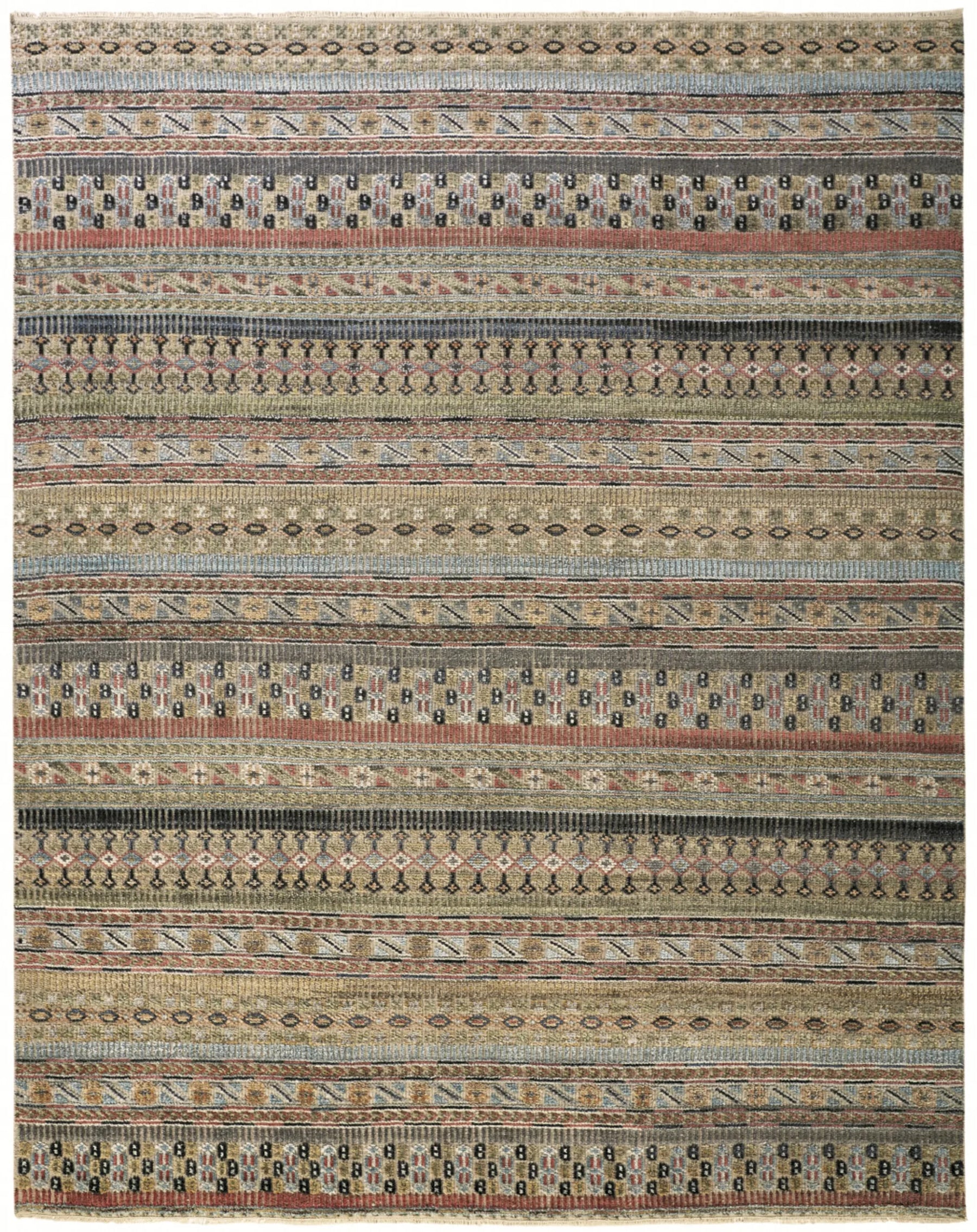 6′ X 9′ Tan Blue and Orange Striped Hand Knotted Area Rug — view 2